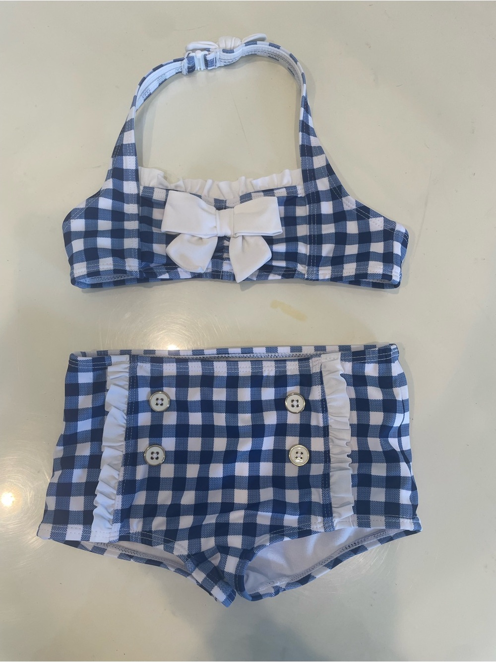 Janie and Jack Blue and White Gingham Two-Piece Swim Set with Bow